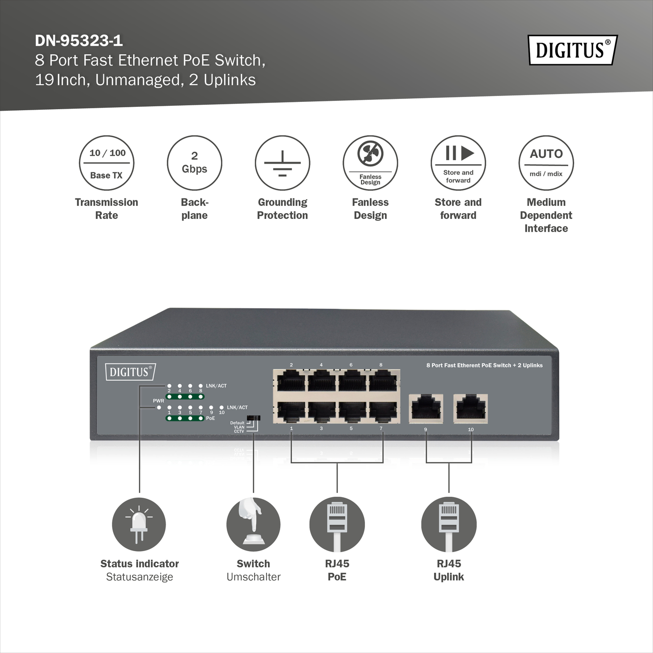 DIGITUS By ASSMANN Shop 8 Port Fast Ethernet PoE Netwrkswitch