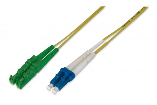 Cable de conexión de fibra óptica, E2000 (8° APC) a LC (UPC), modo único