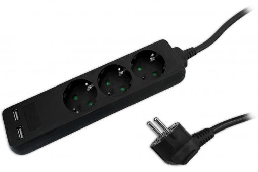 V-TAC 3 Ways Socket with 2 USB Connection Black Cable 1.5m 