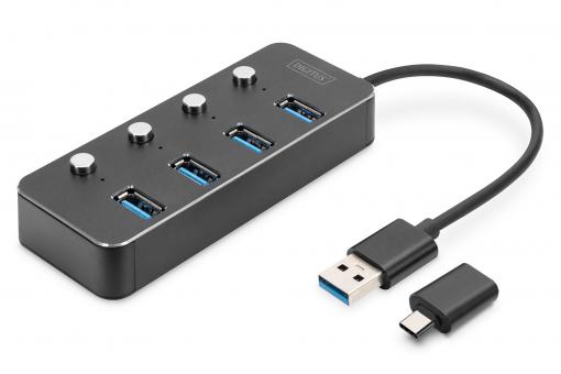 Hub USB 3.0, 4 puertos, conmutable, carcasa de aluminio 