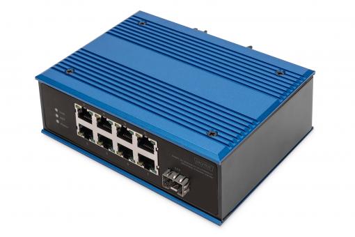 8-portowy przełącznik sieciowy Fast Ethernet, przemysłowy, niezarządzany, 1 łącze SFP 