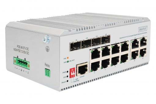 8 port Gigabit Ethernet network PoE switch, industrial, L2 managed, 4 SFP uplink