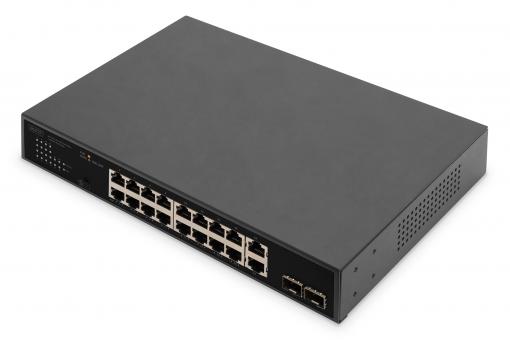 16-Port Gigabit PoE Networkswitch, 19 Zoll, unmanaged,2 Uplink Ports, SFP 