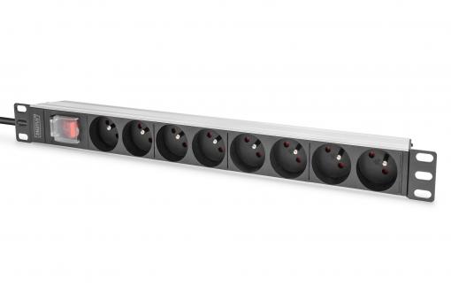 Socket strip with aluminum profile and switch, 8-way CEE 7/5, 2 m cable safety plug with grounding contact