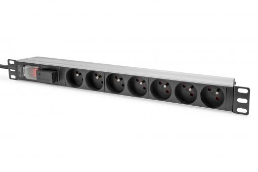 Socket strip with aluminum profile and switch, 7-way CEE 7/5 sockets, 2 m cable with surge protection and switch