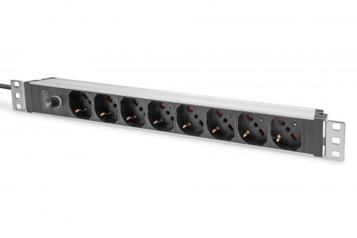 Socket strip with aluminum profile and back-up fuse, 8-way Italian output, 2 m cable IEC C14 plug