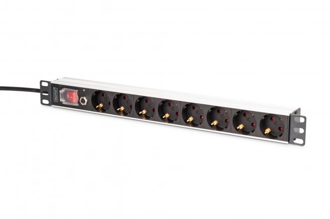 Multiple socket outlet with aluminum profile and overload protection, 8-way socket outlet with earthing contact, 2 m supply cable with earthing contact plug 