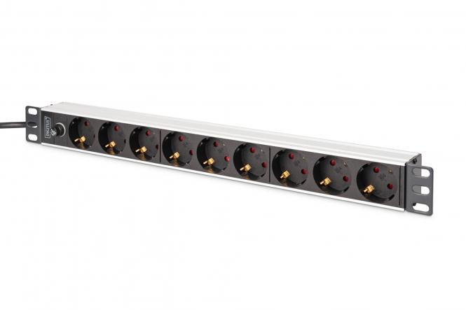 Socket strip with aluminum profile and back-up fuse, 9-way socket outlet with earthing contact, 2 m supply cable IEC C14 plug 