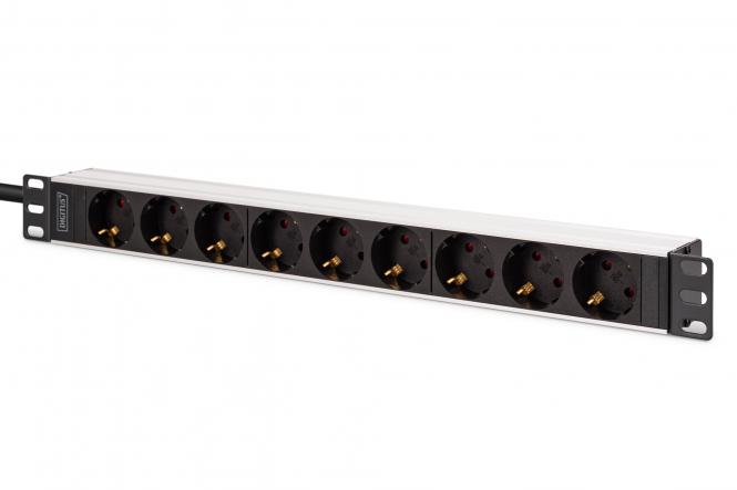Multiple socket outlet with aluminum profile, 9-way socket outlet with earthing contact, 2 m supply cable, IEC C20 plug 