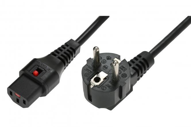 Kabel połączeniowy zasilający z blokadą IEC LOCK Schuko kątowy/C13 prosty M/Ż 2m czarny 