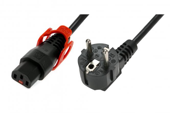 Kabel połączeniowy zasilający z blokadą IEC LOCK+ Schuko kątowy/C13 prosty M/Ż 2m czarny 