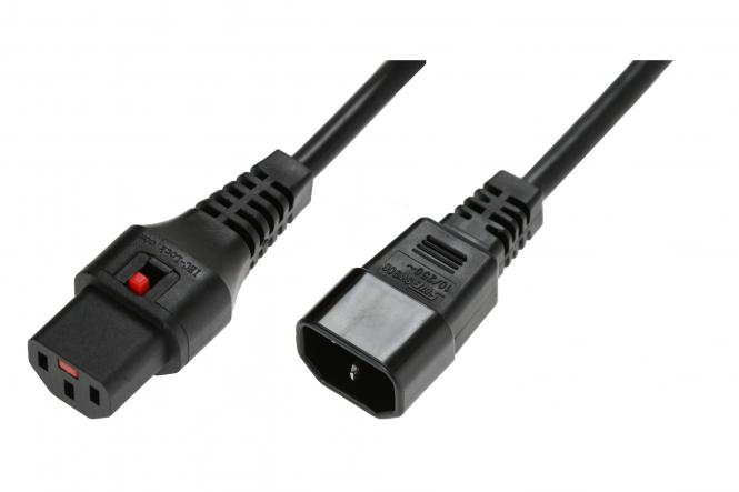 Kabel przedłużający zasilający z blokadą IEC LOCK 3x1mm2 C14/C13 prosty M/Ż 3m czarny 