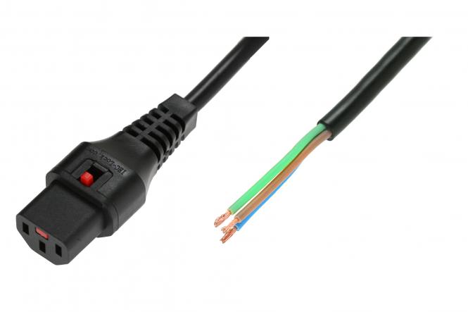 Kabel zasilający do zarobienia z blokadą IEC LOCK 3x1mm2 OPEN/C13 prosty Ż 2m czarny 