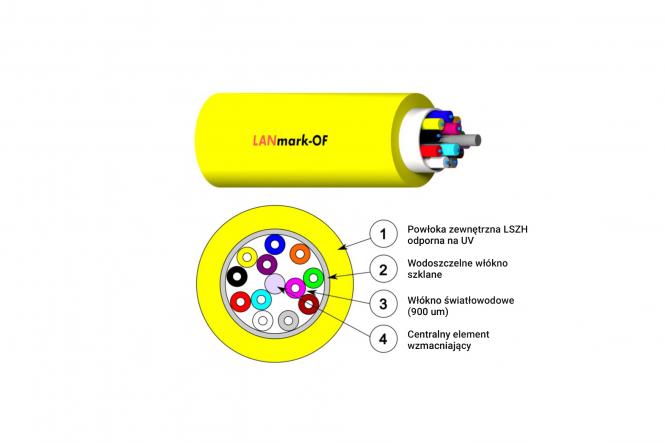 Kabel światłowodowy jednomodowy uniwersalny LANmark-OF Tight Buffer 12 wł. OS2 9/125, Cca, LSOH, 1000N, żółty 