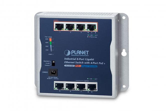 Industrial POE+ Switch, Wall-Mounted, 8xRJ45 Gigabit, 802.3at, -10/+60°C 
