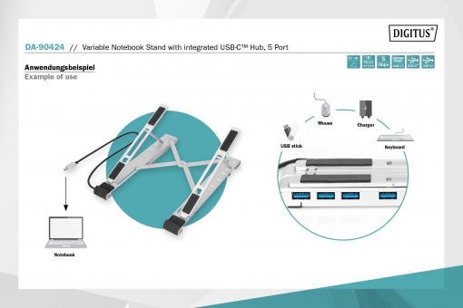 DIGITUS B2B Shop  Support réglable pour ordinateur portable avec hub  USB-C™ intégré, 5 ports