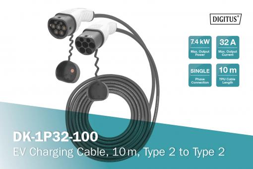 Charging Cable 22kW, 32A, Type 2 to Type 2, 3 phases, 10m lenght