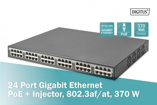 DIGITUS by ASSMANN Shop  24 Port Gigabit Ethernet PoE+ Injector, 802.3af/at,  370 W