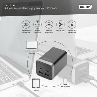 DIGITUS 4-Port Universal USB Charging Adapter, USB-C / USB A, 100
