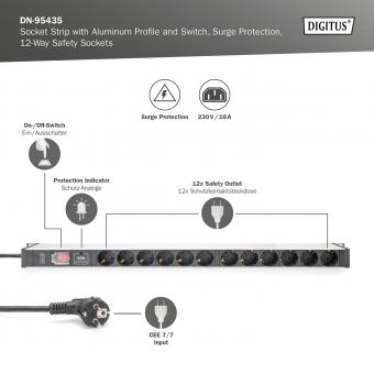 Digitus - Regleta de enchufes con perfil de aluminio, 12 enchufes, cable de  alimentación de 2 m para enchufes con contacto de pu