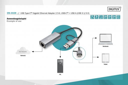 Adaptateur Ethernet USB 3.0 pour PC, 1000Mbps, RJ45 Type-C Gigabit 2.5G,  pour ordinateur portable, TV Box
