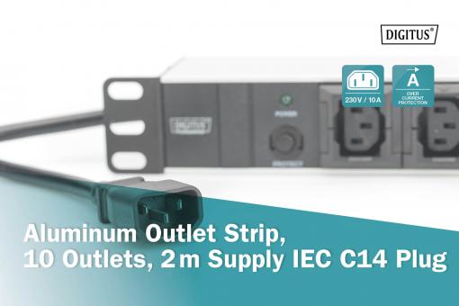 Tienda DIGITUS B2B  Regleta de enchufes con perfil de aluminio, 10 tomas,  enchufe IEC C14 con cable de 2 m
