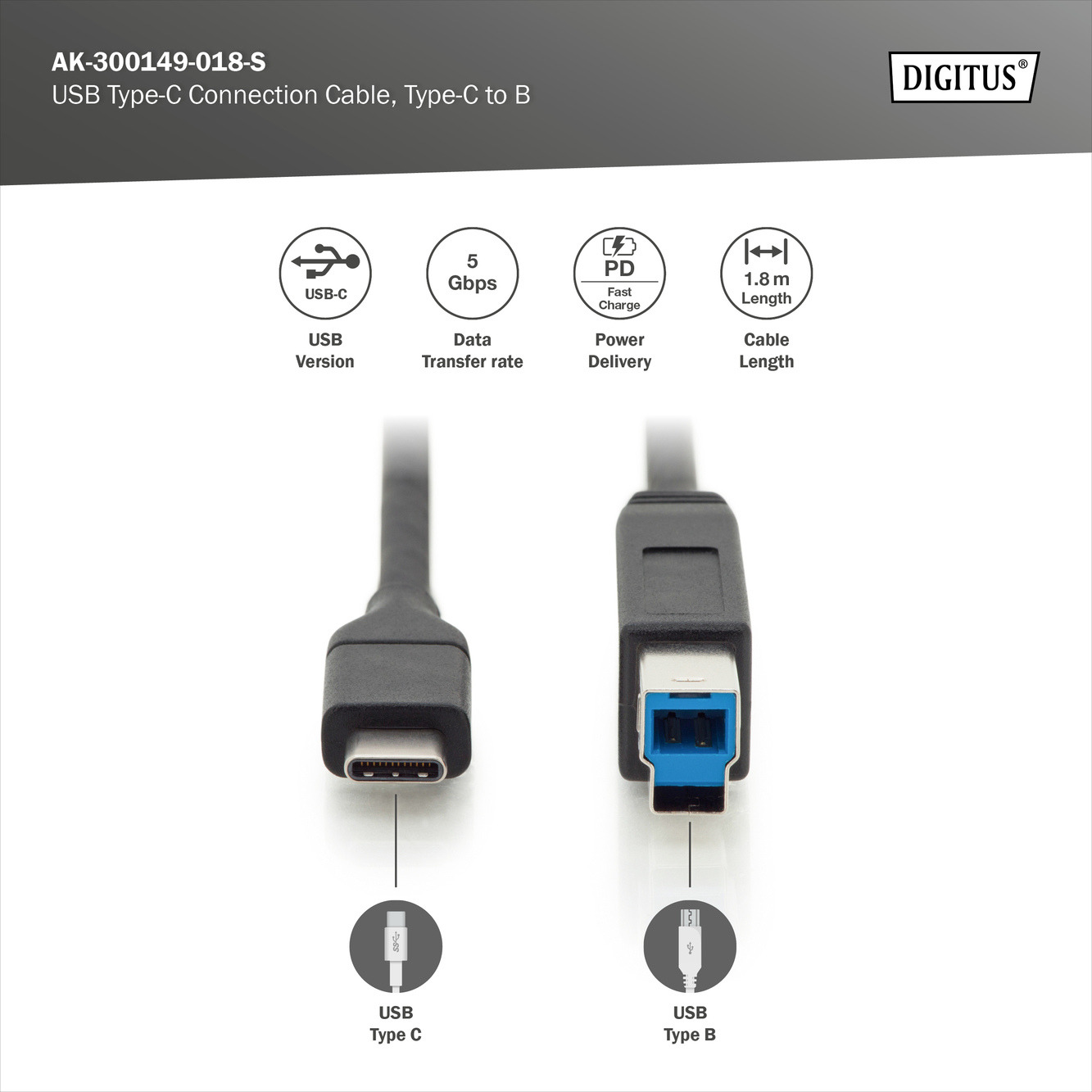 DIGITUS by ASSMANN Shop | USB Type-C™ connection cable, Type-C™ to B