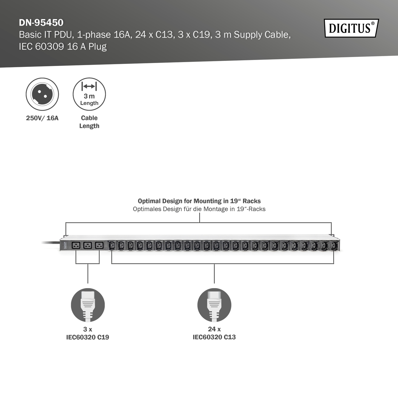 DIGITUS By ASSMANN Shop | Basic IT PDU, 1-phase 16A, 24 X C13, 3 X C19 ...