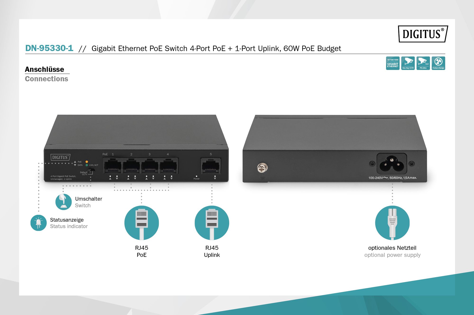 DIGITUS By ASSMANN Shop 4 Port Gigabit PoE Netzwerkswitch Desktop Unmanaged 1 Uplink Port